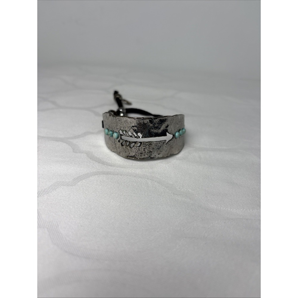 West & Co Native American Bracelet  Hammered Steel Leather Strap Silver Tone